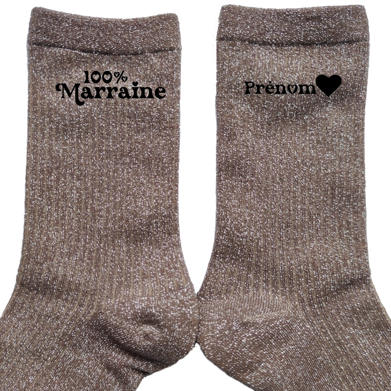 Chaussettes personnalisée paillettes bronze motif marraine 100%