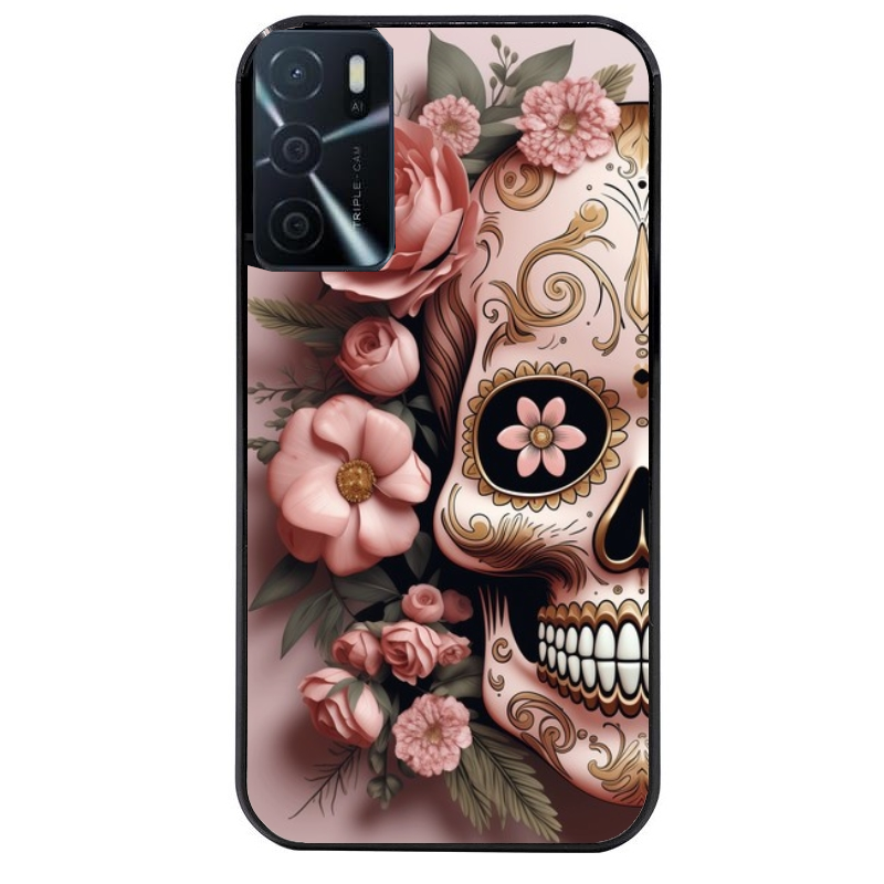 Coque noire taperso pour OPPO A16 et A16S avec motif tete de mort calavera rose protection antichoc personnalisée