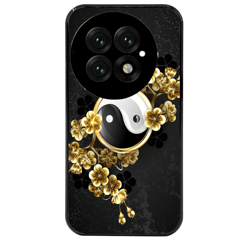 Coque noire taperso pour OnePlus 13 avec motif yin yang et fleur protection antichoc personnalisée
