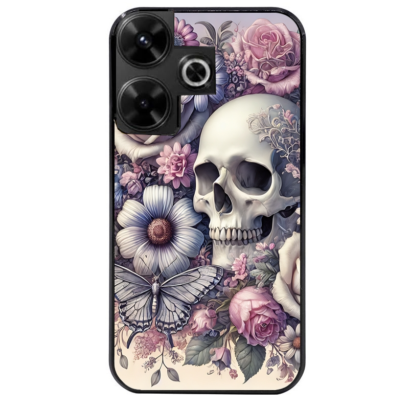 Coque noire taperso pour POCO M6 4G avec motif tete de mort pastel protection antichoc personnalisée