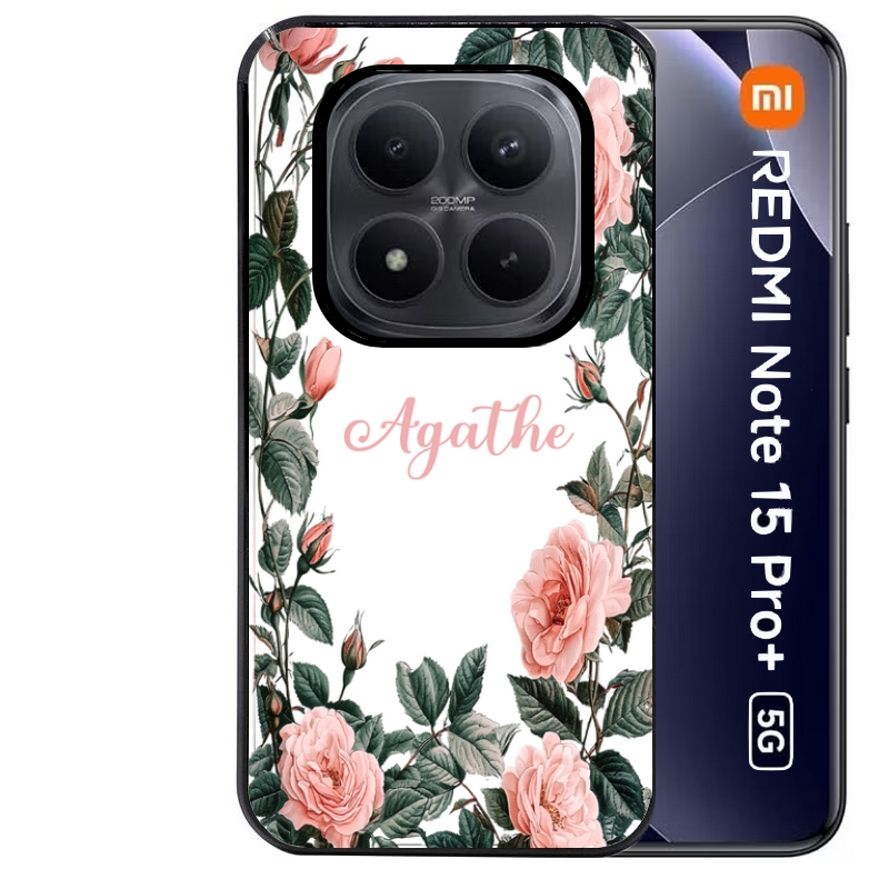 Coque noire taperso pour Redmi Note 15 et PRO PLUS 4G 5G avec motif cadre fleur pastel personnalisee protection antichoc personnalisée