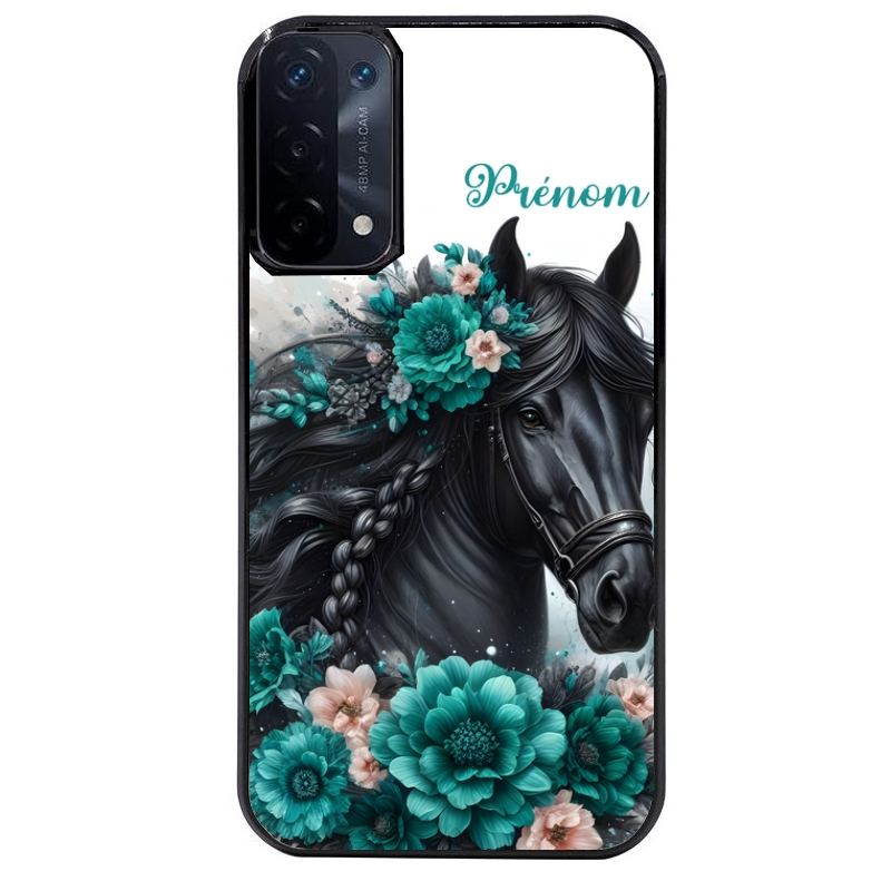 Coque noire taperso pour OPPO A54 et A74 5G avec motif cheval et fleurs personnalisee protection antichoc personnalisée