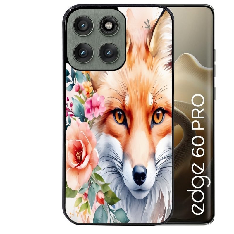 Coque noire taperso pour Moto Edge 60 et Neo Fusion Pro avec motif renard fox et fleurs protection antichoc personnalisée