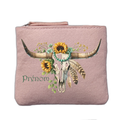 Porte monnaie personnalisé motif skull bull plumes rose clair en feutrine en feutrine