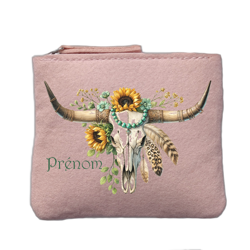Porte monnaie personnalisé motif skull bull plumes rose clair en feutrine en feutrine