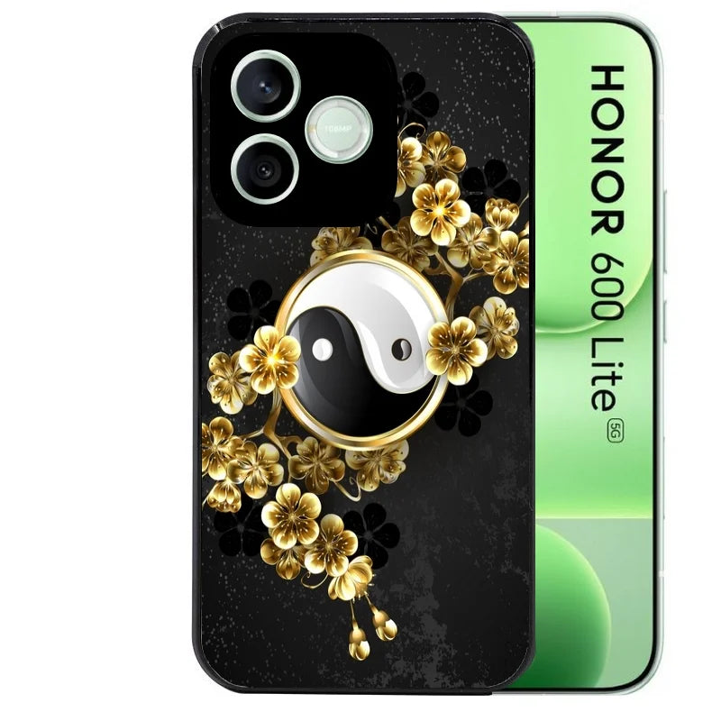 Coque noire pour Honor 600 LITE avec motif yin yang et fleur protection antichoc personnalisée