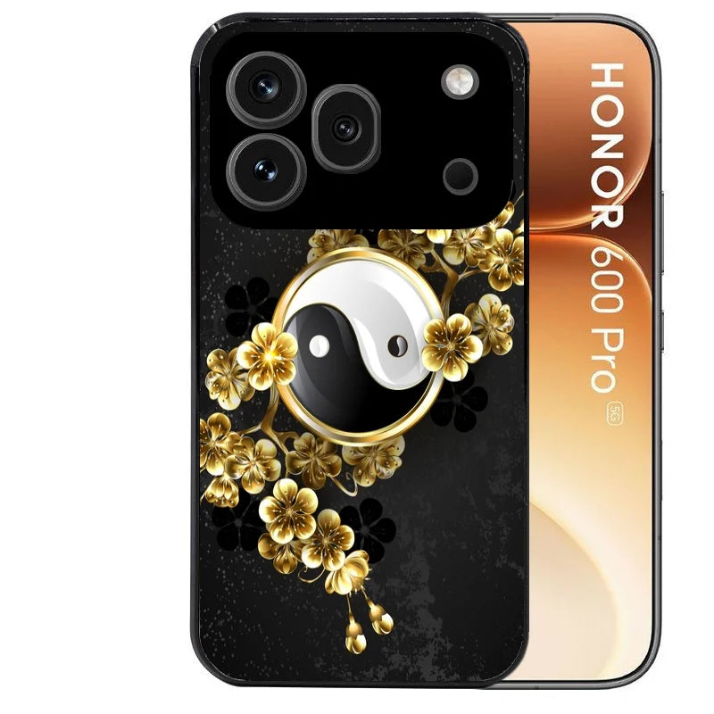 Coque noire taperso pour Honor 600 et 600 PRO avec motif yin yang et fleur protection antichoc personnalisée