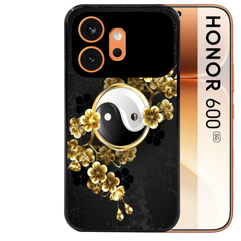 Coque noire taperso pour Honor 600 et 600 PRO avec motif yin yang et fleur protection antichoc personnalisée