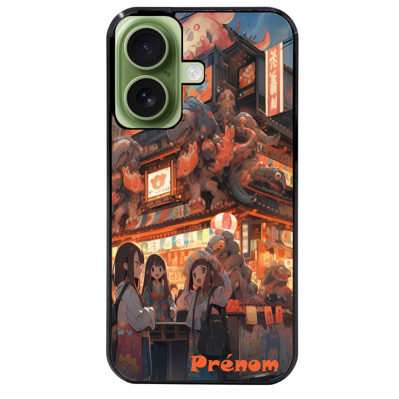 Coque noire taperso pour Iphone 16 16E PLUS MAX PRO avec motif anime street japan personnalise protection antichoc personnalisée