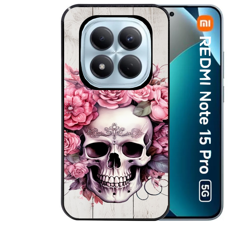 Coque noire taperso pour Redmi Note 15 et PRO PLUS 4G 5G avec motif tete de mort floral protection antichoc personnalisée