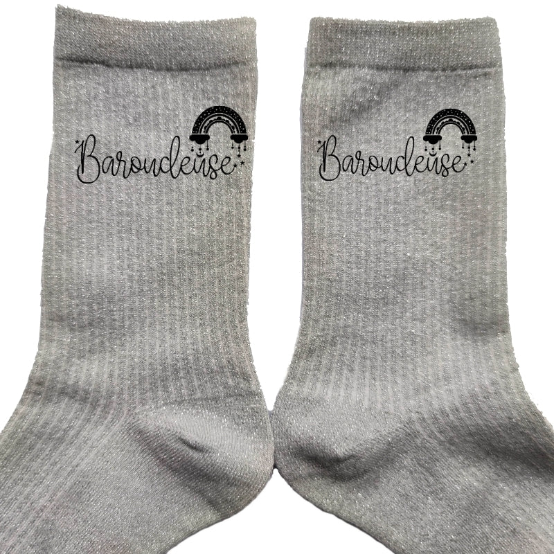 Chaussettes paillettes argent motif baroudeuse