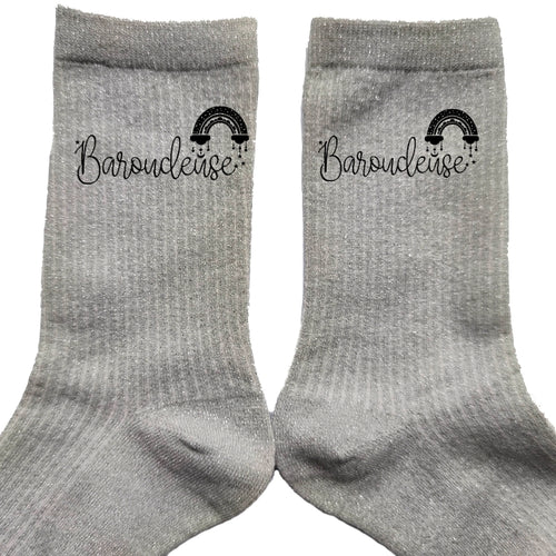 Chaussettes paillettes argent motif baroudeuse