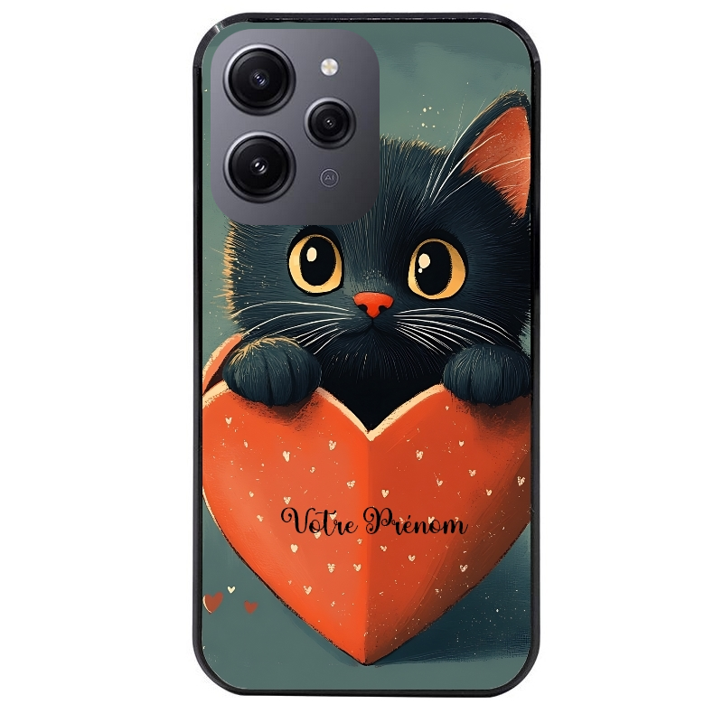 Coque noire taperso pour Redmi 12 4G et 5G avec motif chat et coeur avec prenom protection antichoc personnalisée