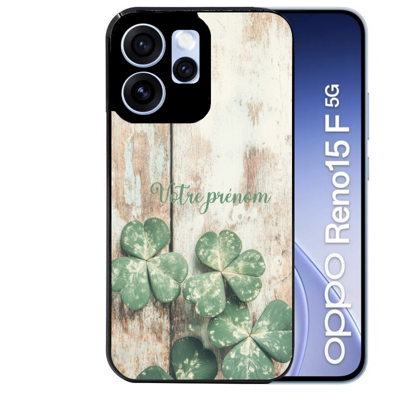 Coque noire taperso pour OPPO Reno 15 et F FS 5G avec motif bois et trefle personnalisee protection antichoc personnalisée