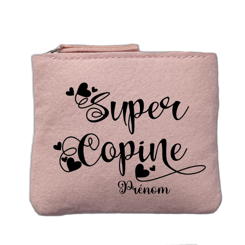 Porte monnaie personnalisé motif copine super rose clair en feutrine en feutrine