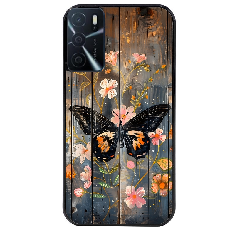 Coque noire taperso pour OPPO A16 et A16S avec motif bois et papillon 2 protection antichoc personnalisée