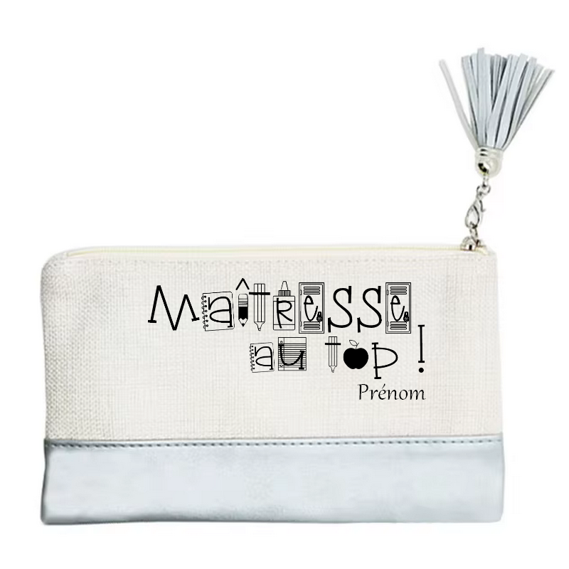 Pochette personnalisée motif maitresse au top en toile et simili cuir personnalisée