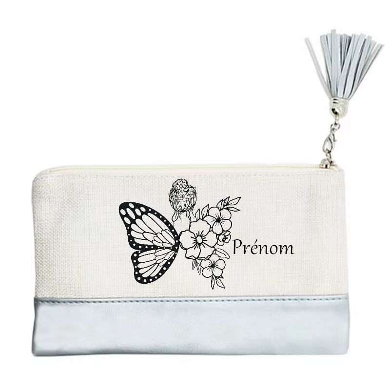Pochette personnalisée motif femme papillon en toile et simili cuir personnalisée