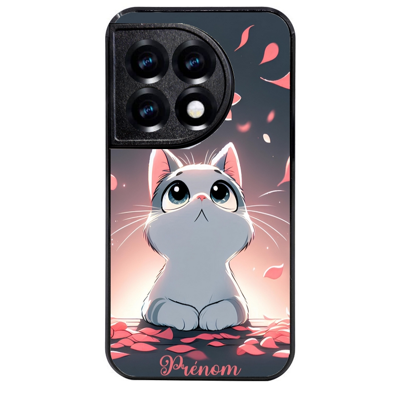 Coque noire taperso pour OnePlus 11 et 12 avec motif chat anime avec votre prenom protection antichoc personnalisée
