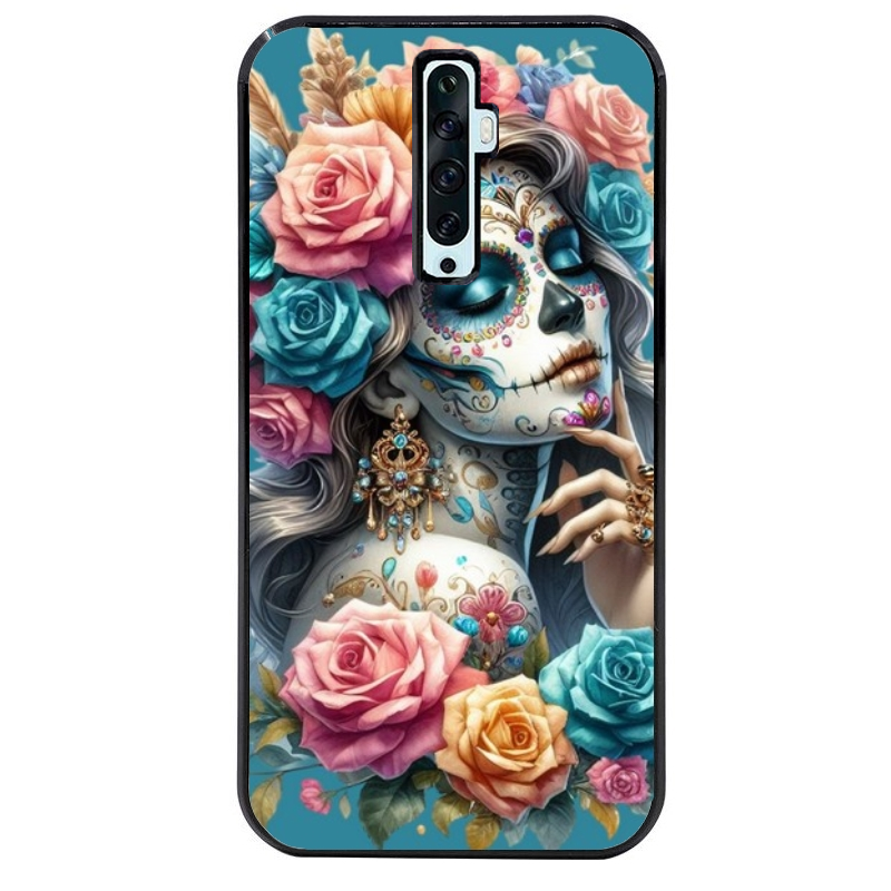 Coque noire taperso pour OPPO Reno 2 et 2Z avec motif tete de mort calavera bleu protection antichoc personnalisée