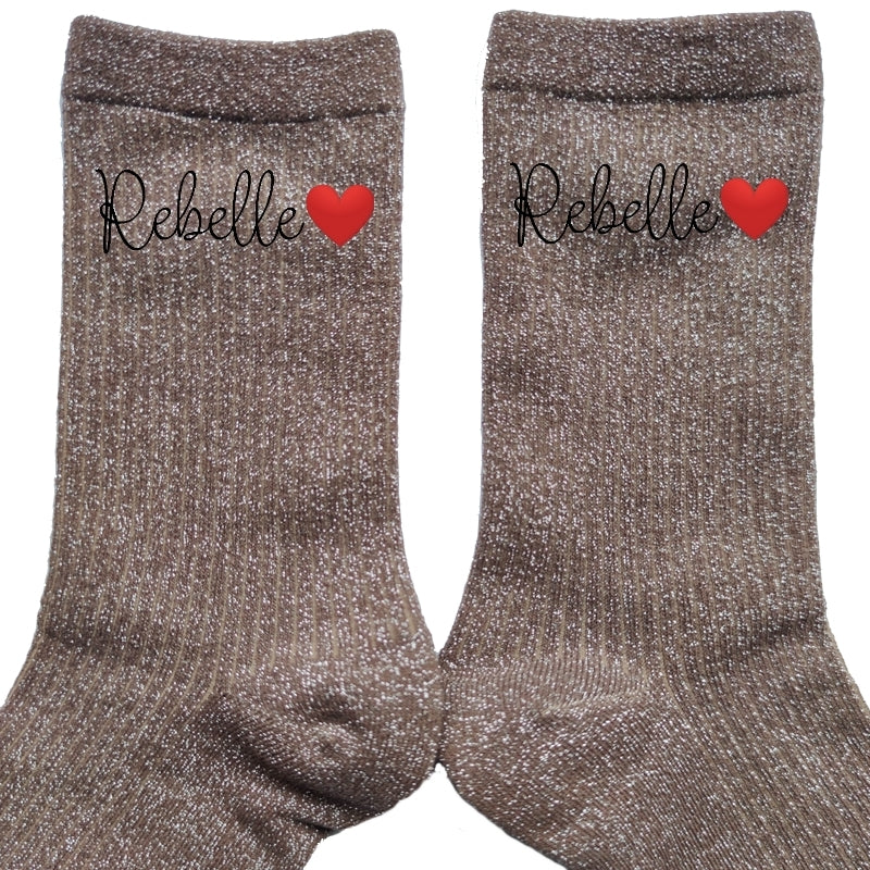 Chaussettes paillettes bronze motif rebelle