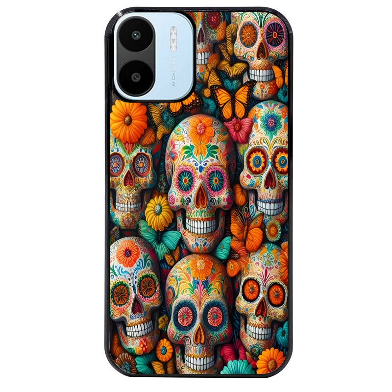 Coque noire taperso pour Redmi A1 et A2 avec motif mort mexicaine papillon protection antichoc personnalisée