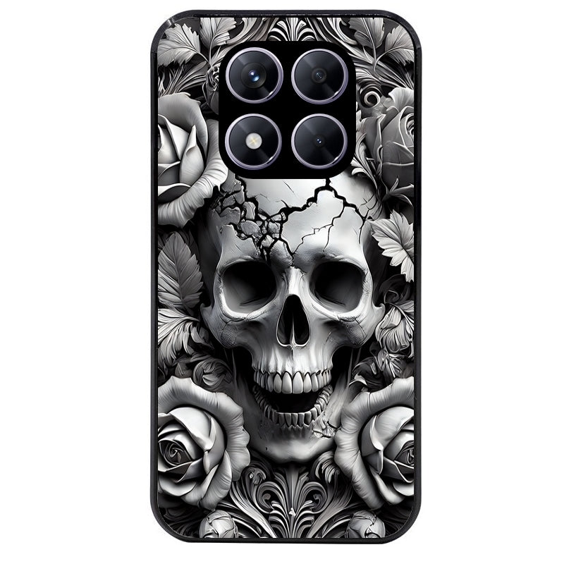 Coque noire taperso pour Redmi Note 14 et PRO PLUS 4G 5G avec motif tete de mort fleur protection antichoc personnalisée