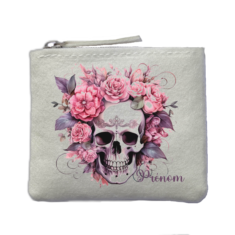Porte monnaie personnalisé tete de mort floral ivoire en feutrine en feutrine ivoire