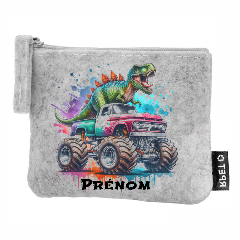 Porte monnaie personnalisé dino truck en feutrine en feutrine