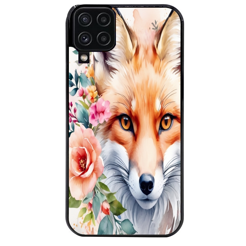 Coque noire taperso pour galaxy A22 A32 A52 A52S 4G 5G  avec motif renard fox et fleurs protection antichoc personnalisée