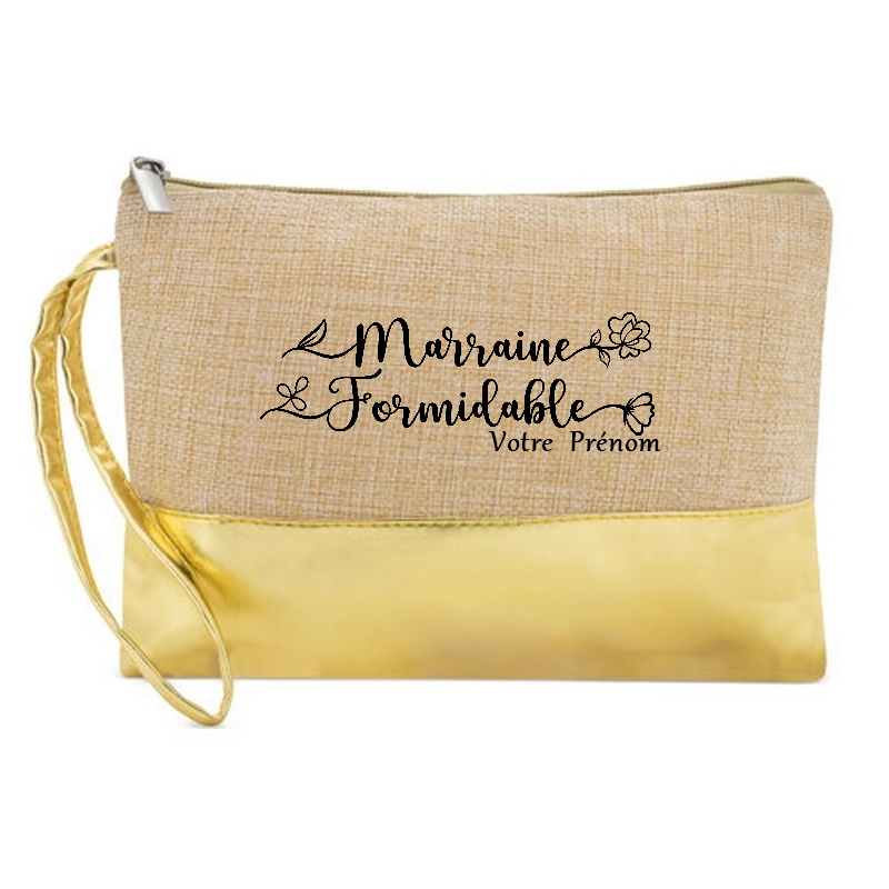 Pochette personnalisée marraine formidable en jute et doré en jute et doré