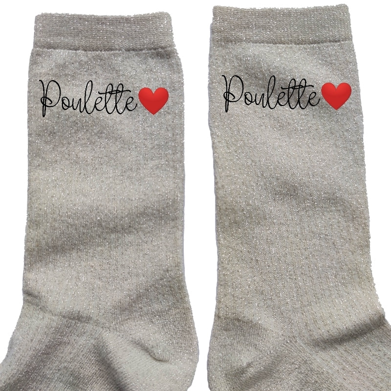 Chaussettes paillettes crème motif poulette