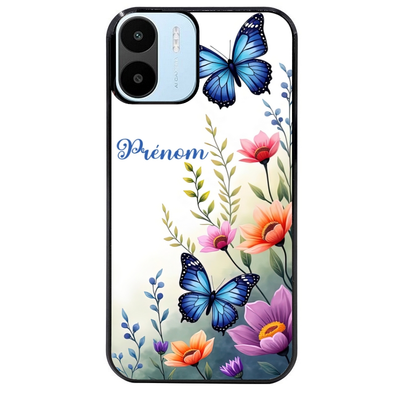 Coque noire taperso pour Redmi A1 et A2 avec motif papillon prenom personnalisee protection antichoc personnalisée