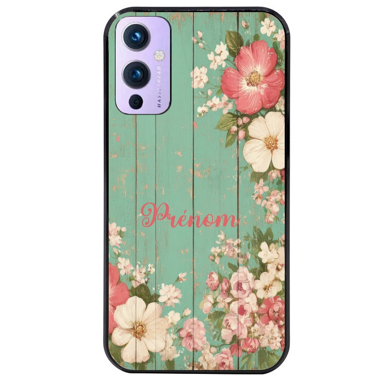 Coque noire taperso pour OnePlus 9 et 9 PRO avec motif bois et fleur avec votre prenom protection antichoc personnalisée