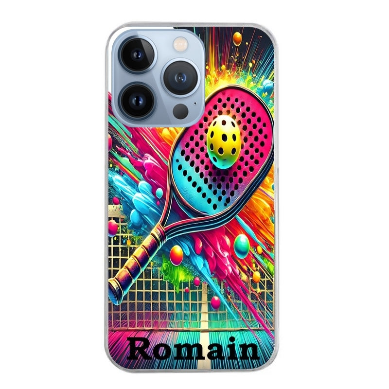 Coque taperso pour Iphone 14 et PRO PLUS PRO MAX avec motif padel raquette personnalisee protection antichoc personnalisée