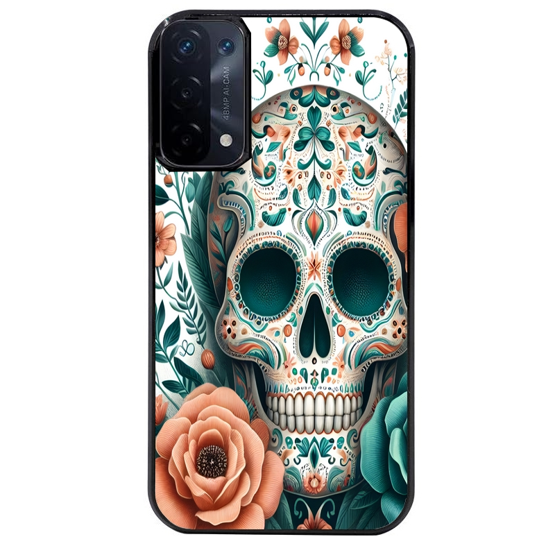 Coque noire taperso pour OPPO A54 et A74 5G avec motif mort mexicaine turquoise protection antichoc personnalisée