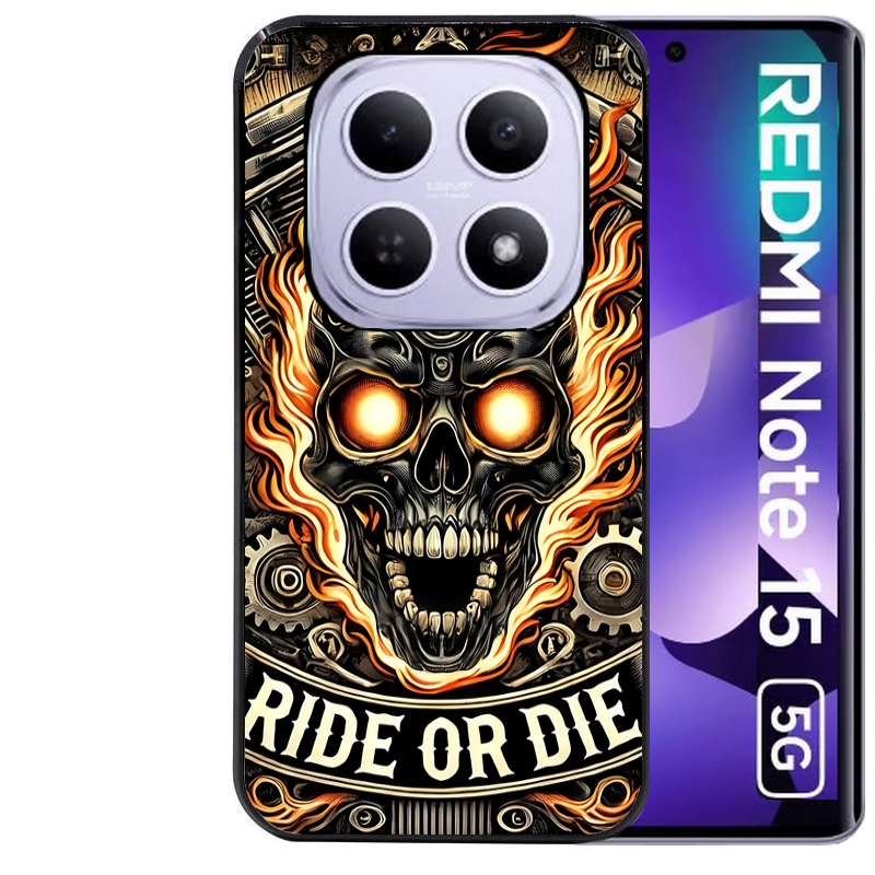 Coque noire taperso pour Redmi Note 15 et PRO PLUS 4G 5G avec motif tete de mort flamme protection antichoc personnalisée