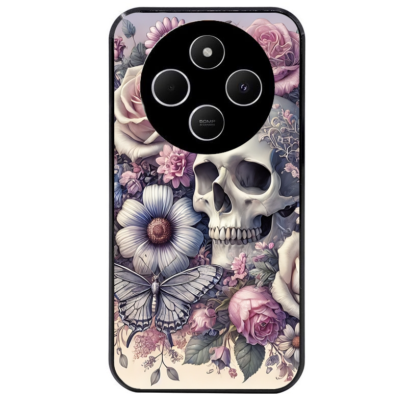 Coque noire taperso pour POCO C75 avec motif tete de mort pastel protection antichoc personnalisée