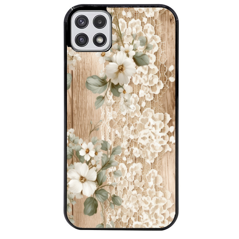 Coque noire taperso pour galaxy A22 A32 A52 A52S 4G 5G  avec motif bois et dentelle 1 protection antichoc personnalisée