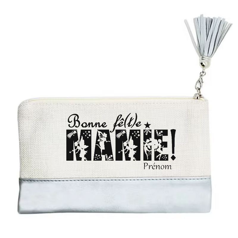 Pochette personnalisée motif mamie bonne fete en toile et simili cuir personnalisée