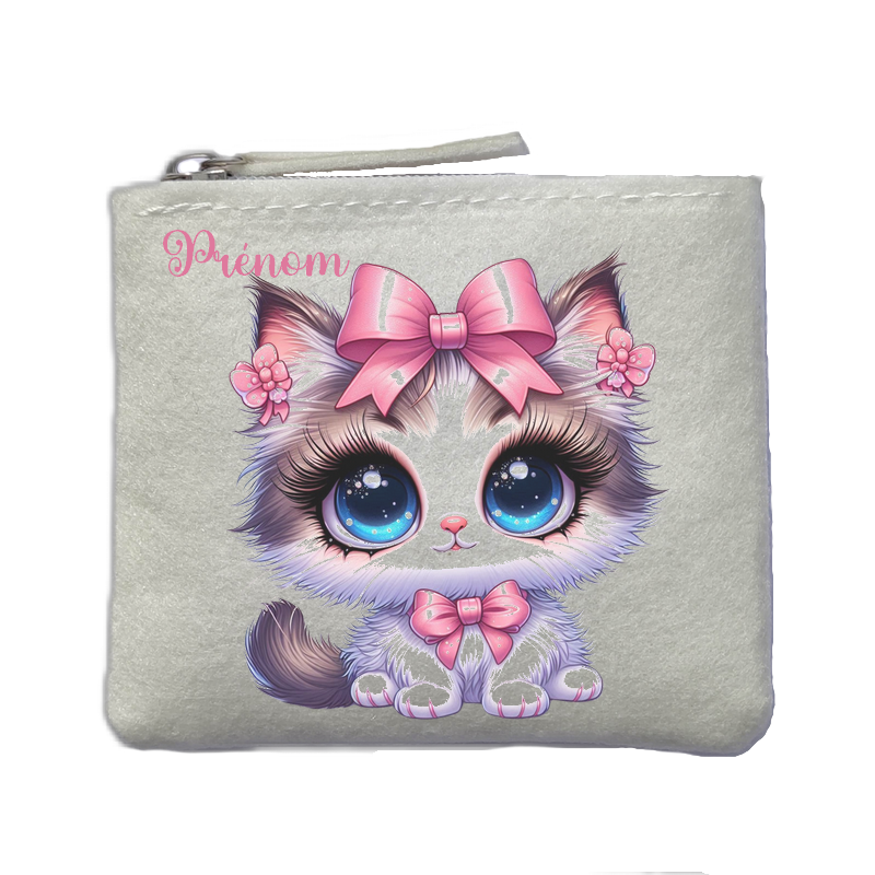 Porte monnaie personnalisé chat noeud ivoire en feutrine en feutrine ivoire