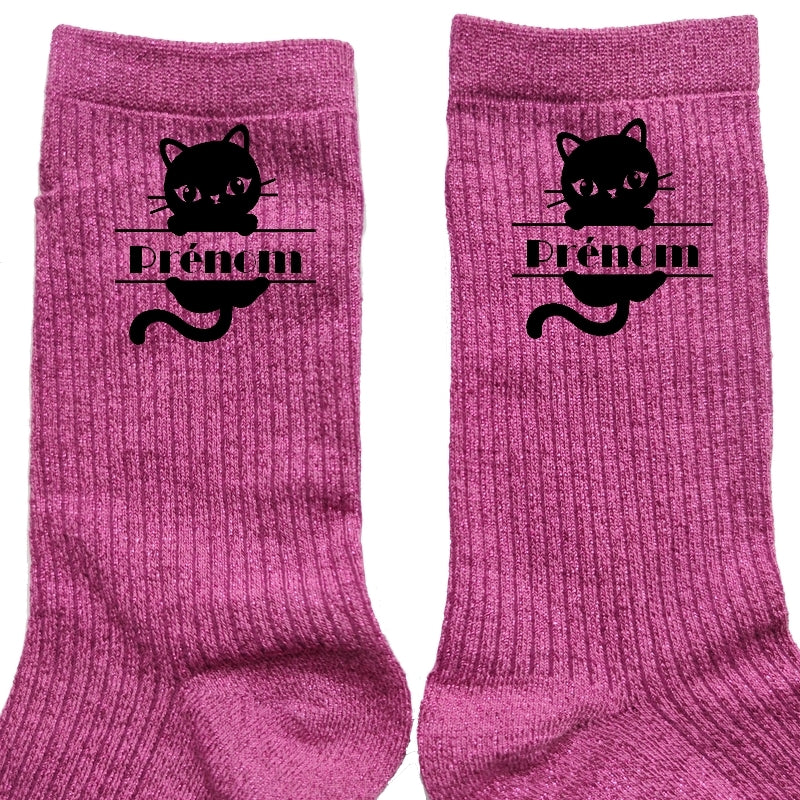 Chaussettes personnalisées paillettes rose motif chat prénom