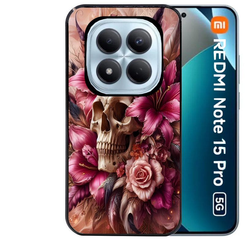 Coque noire taperso pour Redmi Note 15 et PRO PLUS 4G 5G avec motif tete de mort skull plume protection antichoc personnalisée