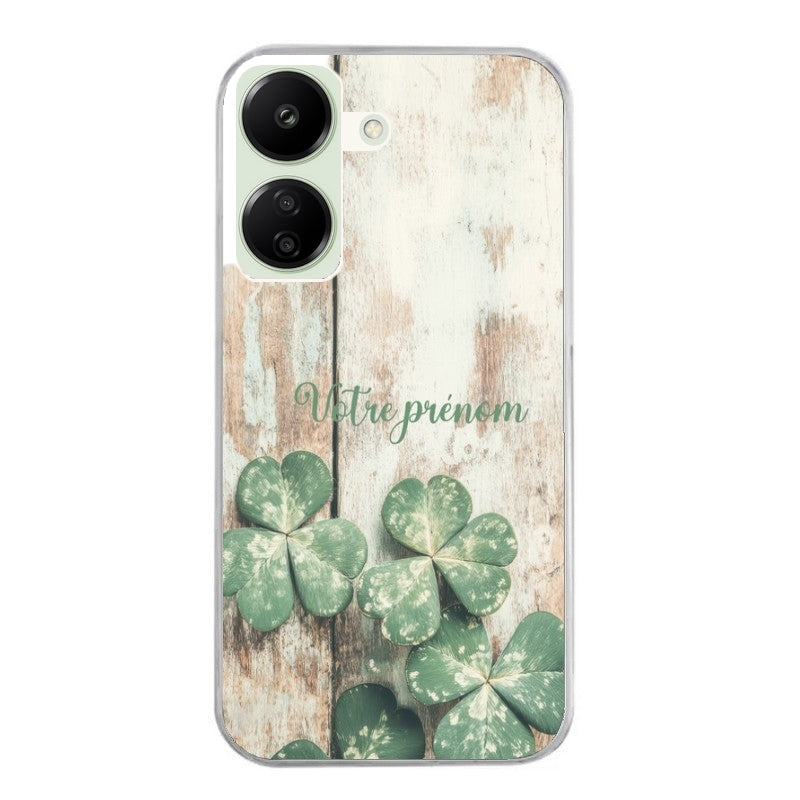 Coque taperso pour POCO C65 4G avec motif bois et trefle personnalisee protection antichoc personnalisée