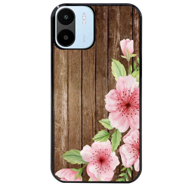 Coque noire taperso pour Redmi A1 et A2 avec motif bois avec fleur rose protection antichoc personnalisée