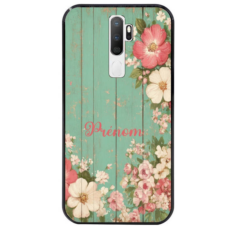 Coque noire taperso pour OPPO A5 A9 2020 avec motif bois et fleur avec votre prenom protection antichoc personnalisée