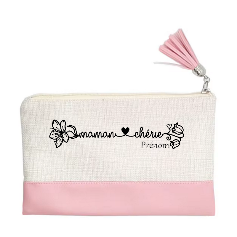 Pochette personnalisée motif maman cherie en toile et simili cuir personnalisée