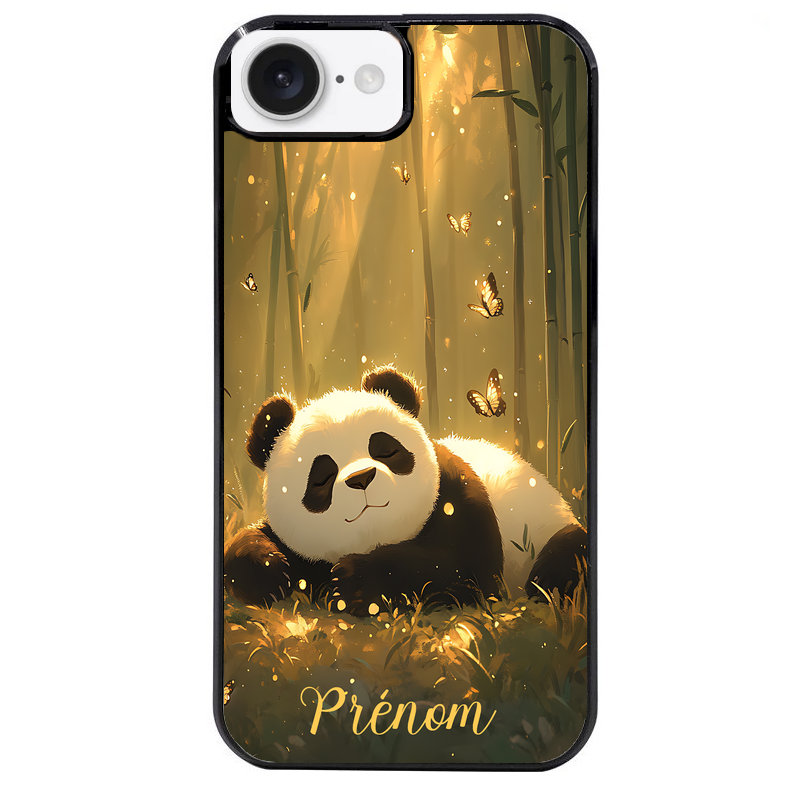 Coque noire taperso pour Iphone 16 16E PLUS MAX PRO avec motif panda et papillon personnalisee protection antichoc personnalisée