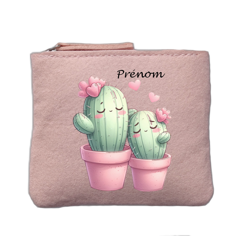 Porte monnaie personnalisé motif cactus love rose clair en feutrine en feutrine