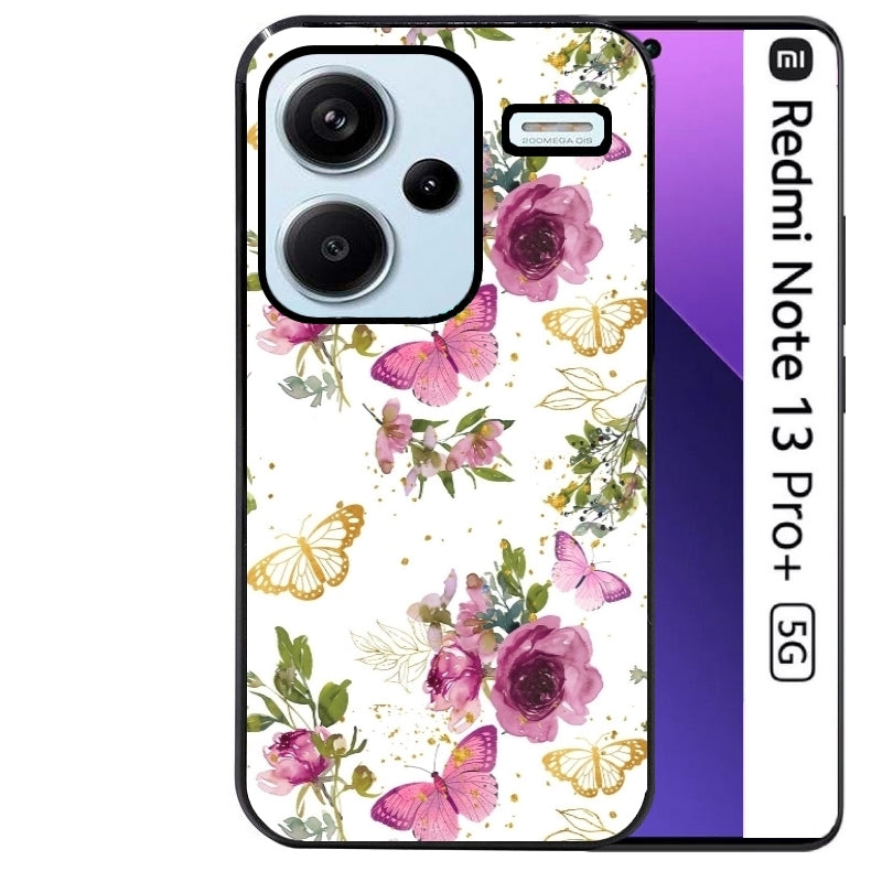 Coque noire taperso pour Redmi Note 13 PRO PLUS 5G avec motif fleur et papillon protection antichoc personnalisée